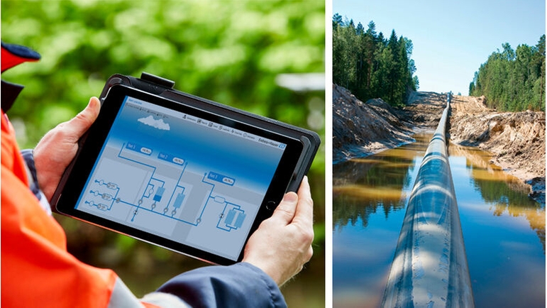 Picture of a Netilion Water Network Insights dashboard and an outdoor water pipeline